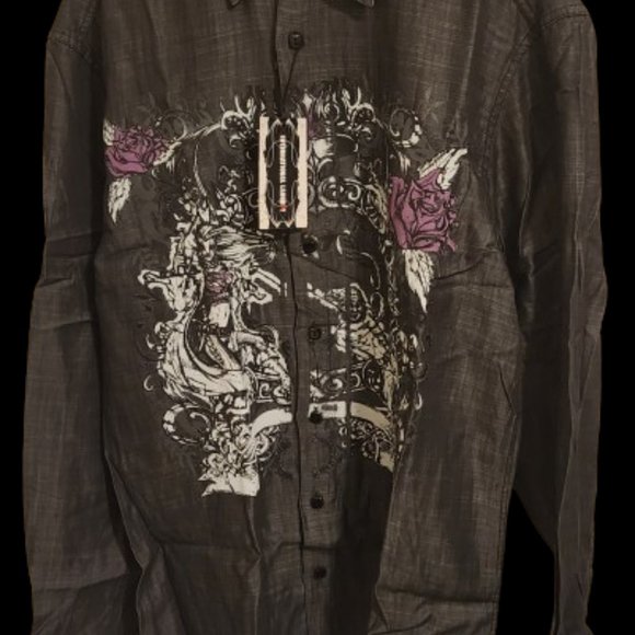 International Laundry Grey Floral Graphic Button-Down Shirt (Size L) - Picture 1 of 2